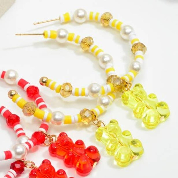 Yellow White Heishi Bead Hoop Earrings with Pearl Bead and Candy Bear Charm - Picture 2 of 3